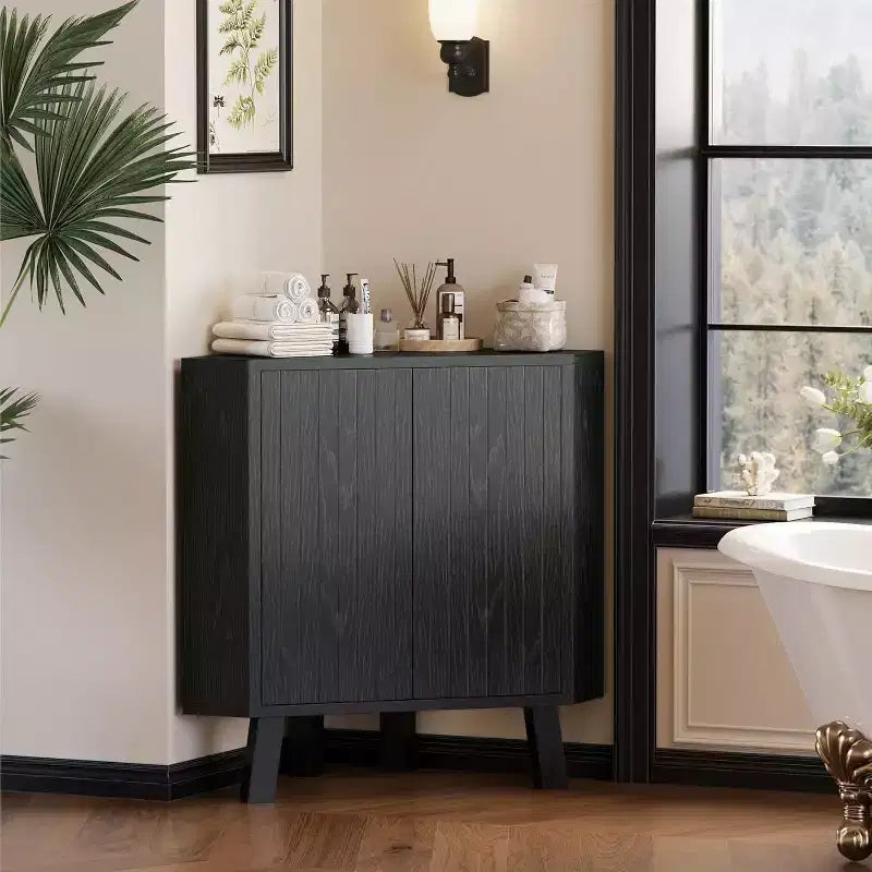3-Tier Farmhouse Corner Storage Cabinet with Adjustable Shelf, Wooden Corner Table with Doors & Triangle End Table for Living Room & Kitchen