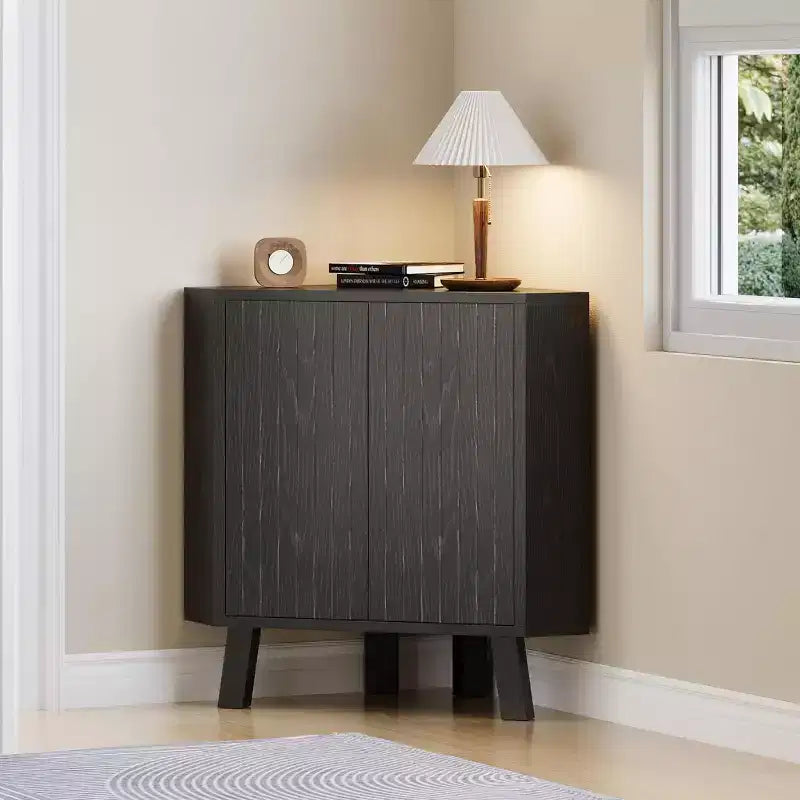 3-Tier Farmhouse Corner Storage Cabinet with Adjustable Shelf, Wooden Corner Table with Doors & Triangle End Table for Living Room & Kitchen