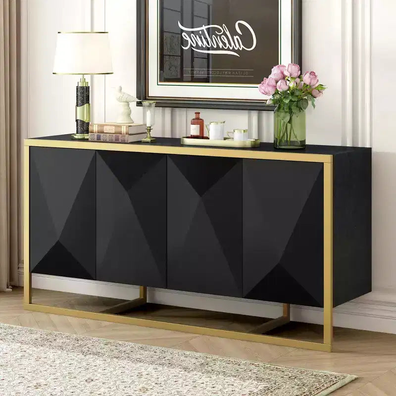 Sideboard Buffet Cabinet, Wood Kitchen Coffee Bar Buffet Cupboard Cabinet, Storage Console Table With 4 Doors And Unique Metal Legs