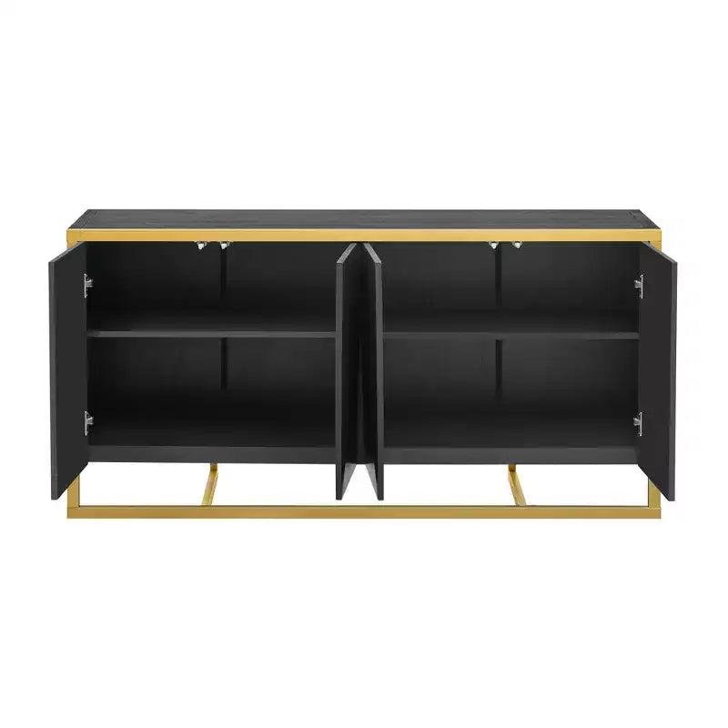 Sideboard Buffet Cabinet, Wood Kitchen Coffee Bar Buffet Cupboard Cabinet, Storage Console Table With 4 Doors And Unique Metal Legs