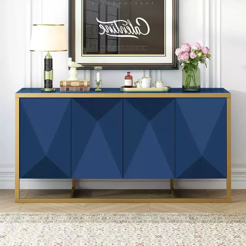 Sideboard Buffet Cabinet, Wood Kitchen Coffee Bar Buffet Cupboard Cabinet, Storage Console Table With 4 Doors And Unique Metal Legs