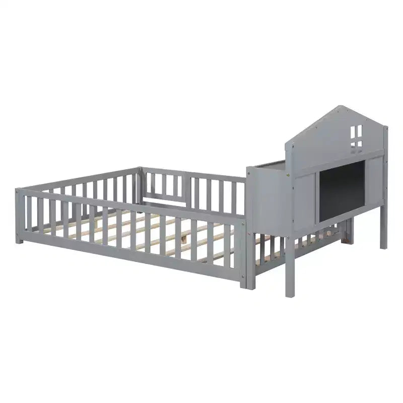 Bellemave Full Montessori Floor Bed with Bookcase & Chalkboard, Solid Wood Platform Bed with Guardrails and Storage Headboard for Kids & Teens
