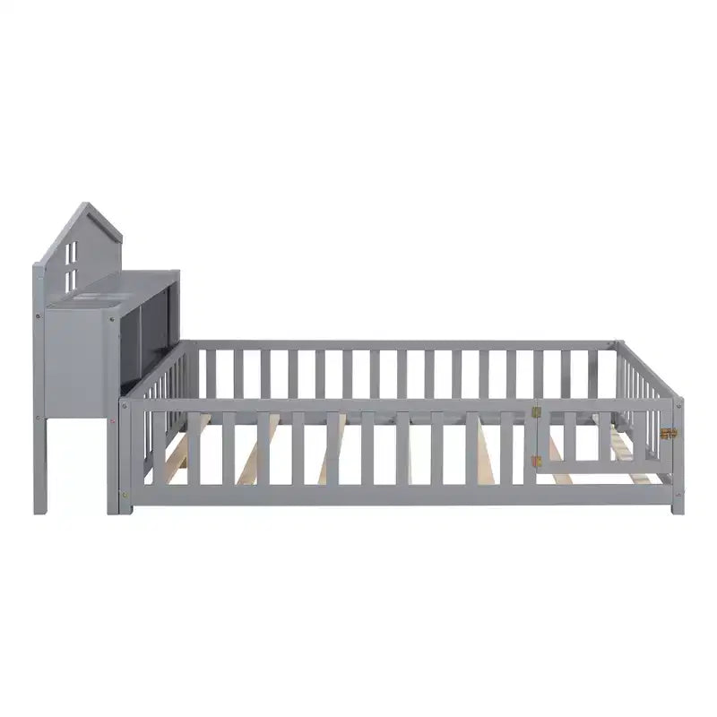 Bellemave Full Montessori Floor Bed with Bookcase & Chalkboard, Solid Wood Platform Bed with Guardrails and Storage Headboard for Kids & Teens