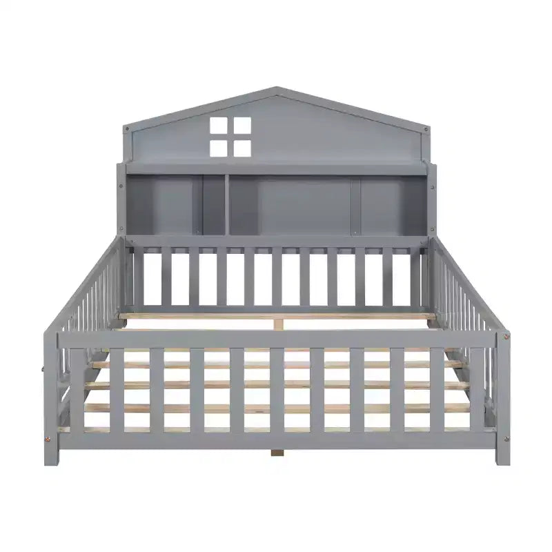 Bellemave Full Montessori Floor Bed with Bookcase & Chalkboard, Solid Wood Platform Bed with Guardrails and Storage Headboard for Kids & Teens
