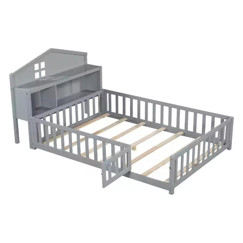 Bellemave Full Montessori Floor Bed with Bookcase & Chalkboard, Solid Wood Platform Bed with Guardrails and Storage Headboard for Kids & Teens