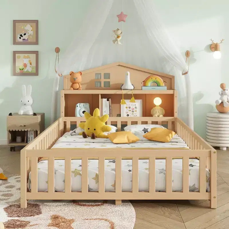 Bellemave Full Montessori Floor Bed with Bookcase & Chalkboard, Solid Wood Platform Bed with Guardrails and Storage Headboard for Kids & Teens
