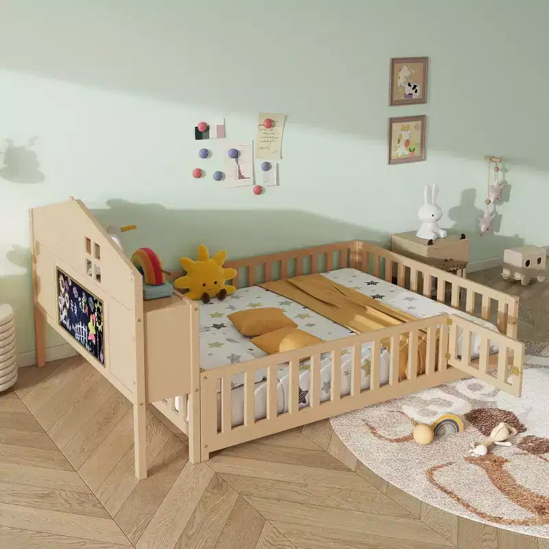 Bellemave Full Montessori Floor Bed with Bookcase & Chalkboard, Solid Wood Platform Bed with Guardrails and Storage Headboard for Kids & Teens