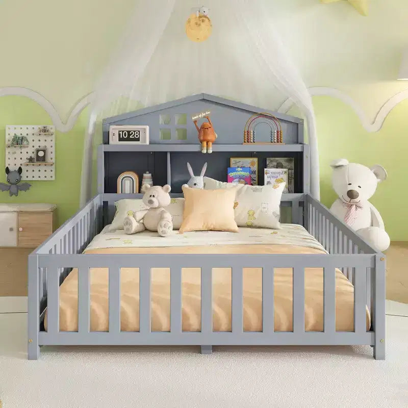 Bellemave Full Montessori Floor Bed with Bookcase & Chalkboard, Solid Wood Platform Bed with Guardrails and Storage Headboard for Kids & Teens