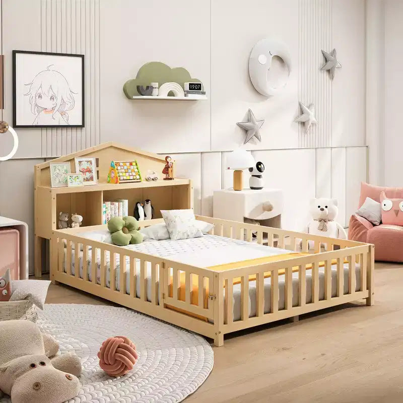 Bellemave Full Montessori Floor Bed with Bookcase & Chalkboard, Solid Wood Platform Bed with Guardrails and Storage Headboard for Kids & Teens