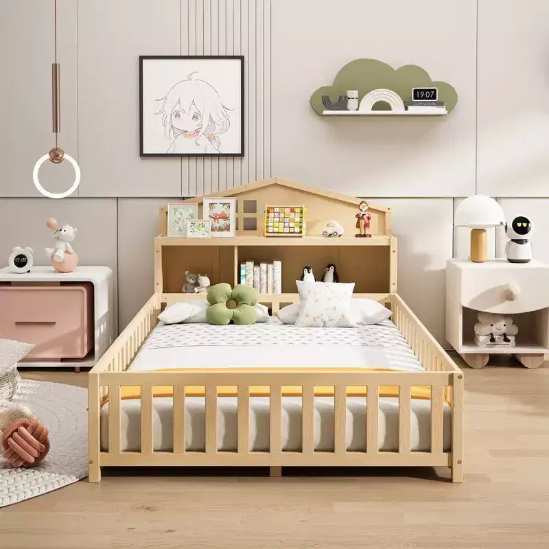Bellemave Full Montessori Floor Bed with Bookcase & Chalkboard, Solid Wood Platform Bed with Guardrails and Storage Headboard for Kids & Teens