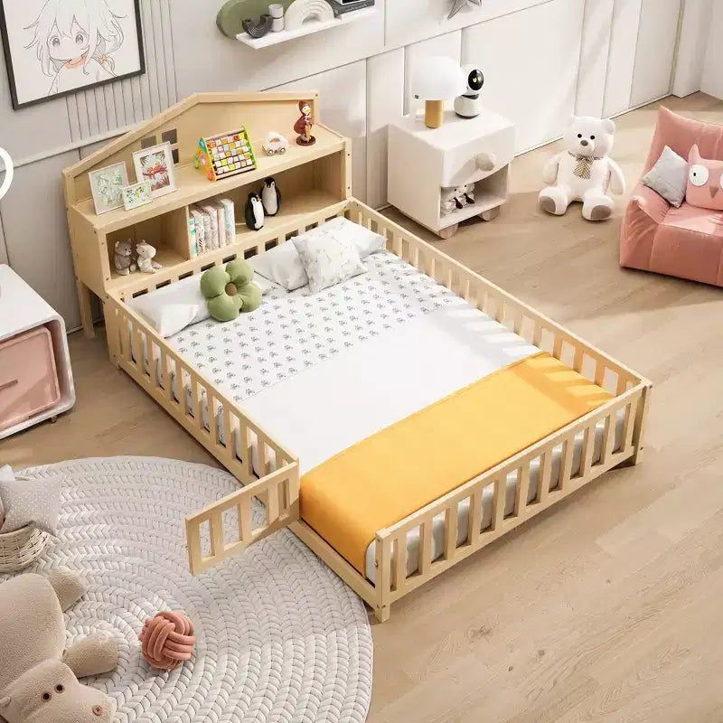 Bellemave Full Montessori Floor Bed with Bookcase & Chalkboard, Solid Wood Platform Bed with Guardrails and Storage Headboard for Kids & Teens