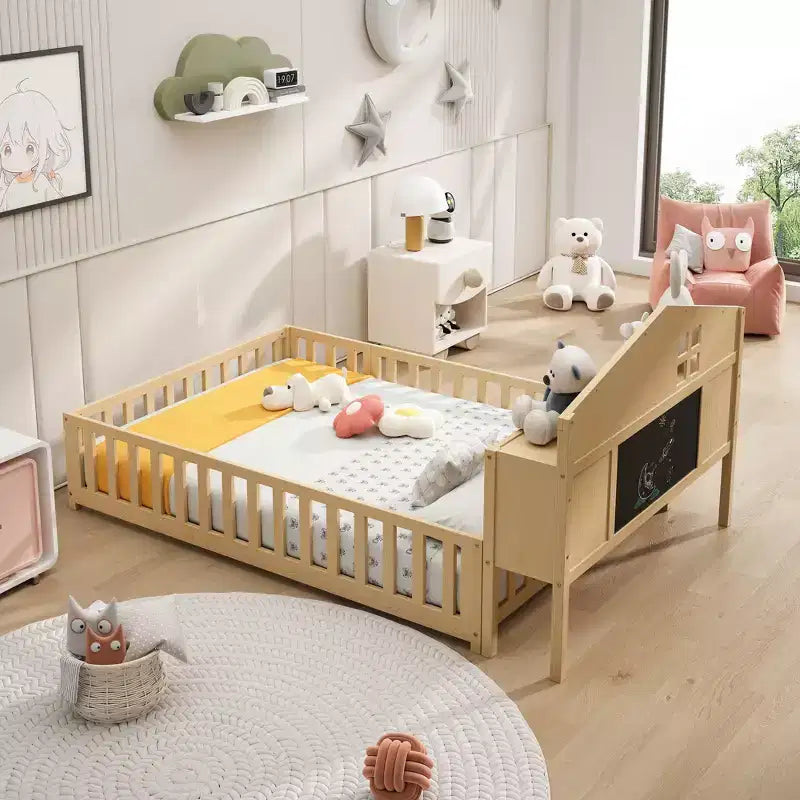 Bellemave Full Montessori Floor Bed with Bookcase & Chalkboard, Solid Wood Platform Bed with Guardrails and Storage Headboard for Kids & Teens