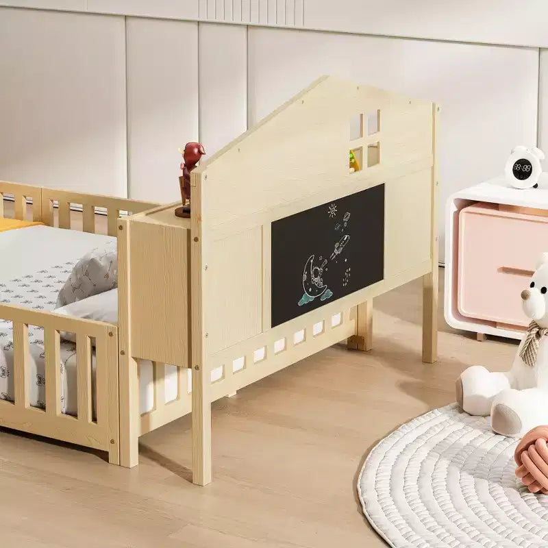 Bellemave Full Montessori Floor Bed with Bookcase & Chalkboard, Solid Wood Platform Bed with Guardrails and Storage Headboard for Kids & Teens