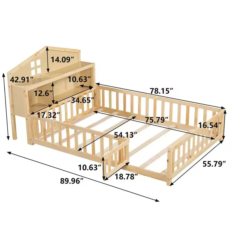 Bellemave Full Montessori Floor Bed with Bookcase & Chalkboard, Solid Wood Platform Bed with Guardrails and Storage Headboard for Kids & Teens