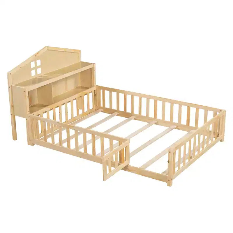 Bellemave Full Montessori Floor Bed with Bookcase & Chalkboard, Solid Wood Platform Bed with Guardrails and Storage Headboard for Kids & Teens