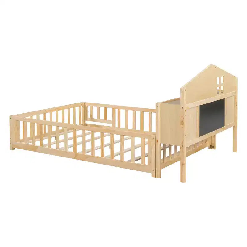 Bellemave Full Montessori Floor Bed with Bookcase & Chalkboard, Solid Wood Platform Bed with Guardrails and Storage Headboard for Kids & Teens