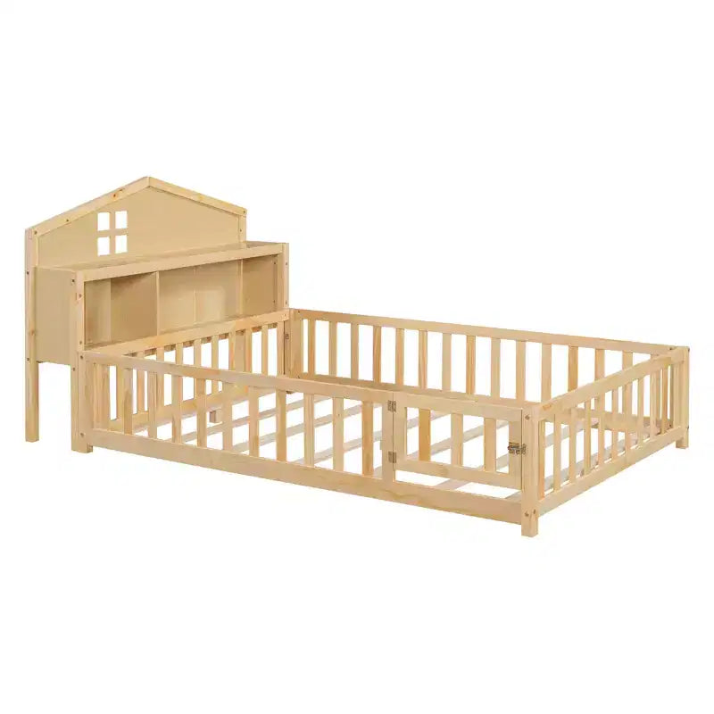 Bellemave Full Montessori Floor Bed with Bookcase & Chalkboard, Solid Wood Platform Bed with Guardrails and Storage Headboard for Kids & Teens