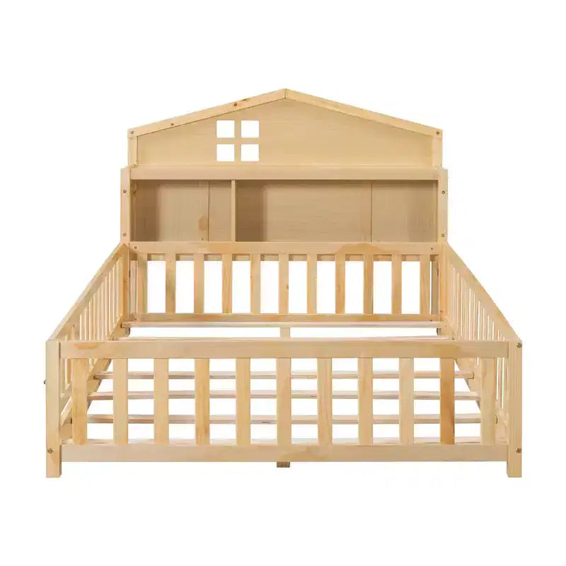 Bellemave Full Montessori Floor Bed with Bookcase & Chalkboard, Solid Wood Platform Bed with Guardrails and Storage Headboard for Kids & Teens