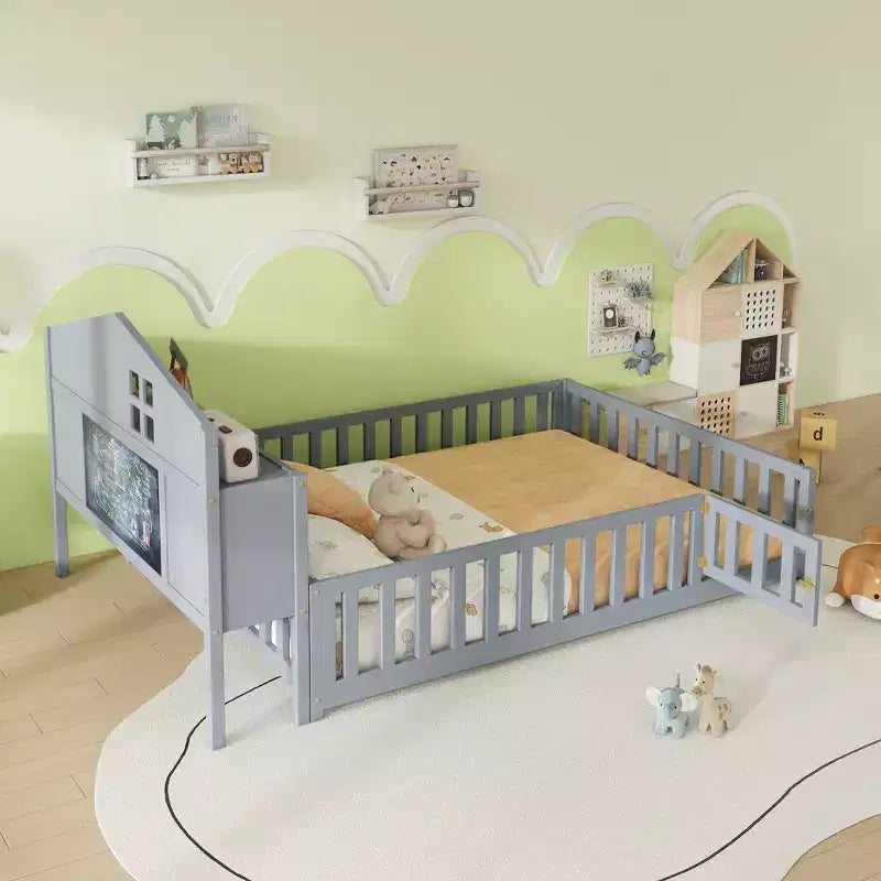 Bellemave Full Montessori Floor Bed with Bookcase & Chalkboard, Solid Wood Platform Bed with Guardrails and Storage Headboard for Kids & Teens