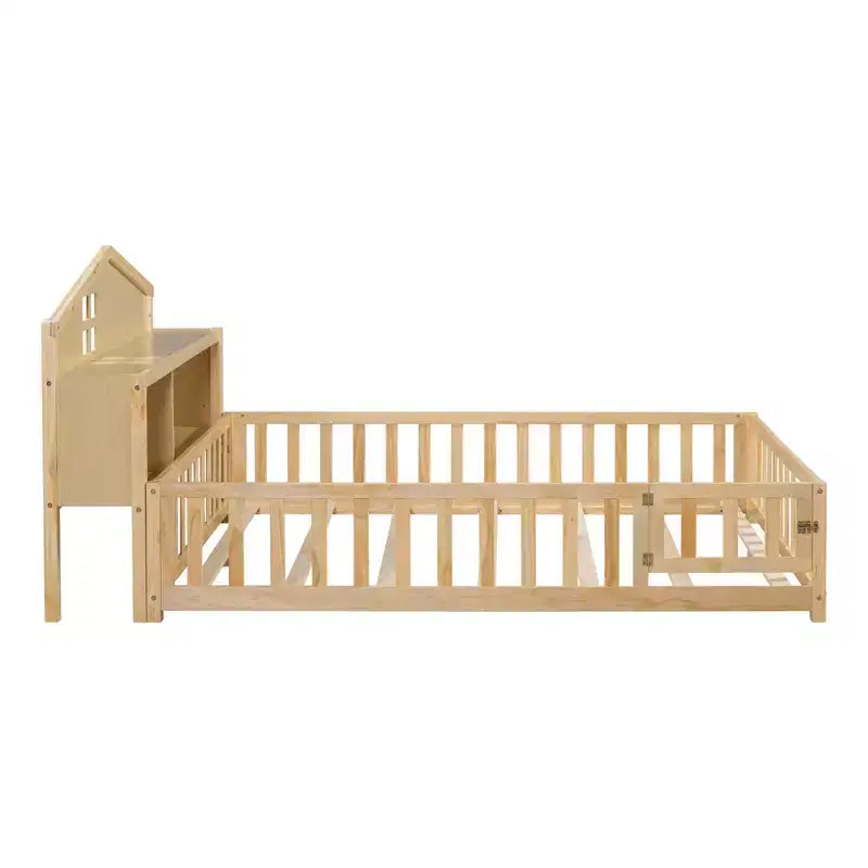 Bellemave Full Montessori Floor Bed with Bookcase & Chalkboard, Solid Wood Platform Bed with Guardrails and Storage Headboard for Kids & Teens