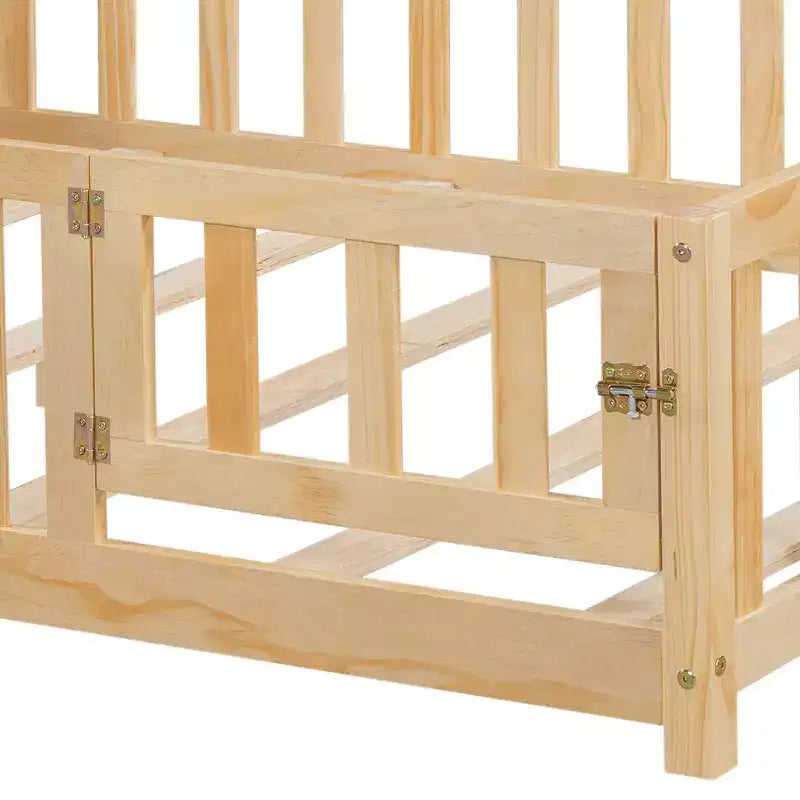 Bellemave Full Montessori Floor Bed with Bookcase & Chalkboard, Solid Wood Platform Bed with Guardrails and Storage Headboard for Kids & Teens