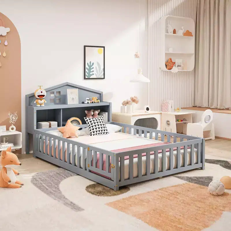 Bellemave Full Montessori Floor Bed with Bookcase & Chalkboard, Solid Wood Platform Bed with Guardrails and Storage Headboard for Kids & Teens