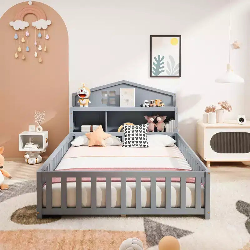 Bellemave Full Montessori Floor Bed with Bookcase & Chalkboard, Solid Wood Platform Bed with Guardrails and Storage Headboard for Kids & Teens