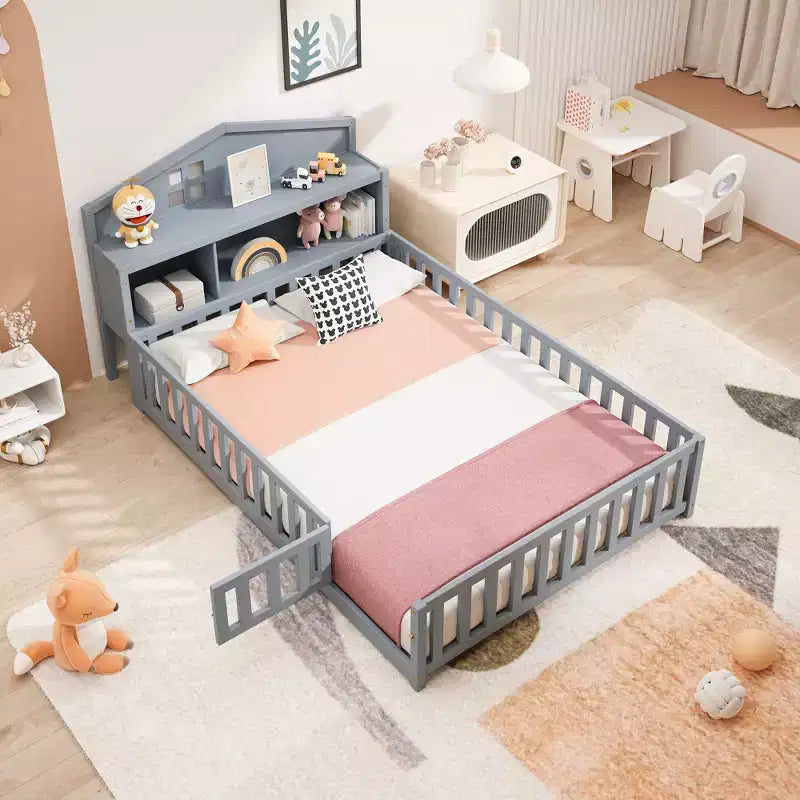 Bellemave Full Montessori Floor Bed with Bookcase & Chalkboard, Solid Wood Platform Bed with Guardrails and Storage Headboard for Kids & Teens