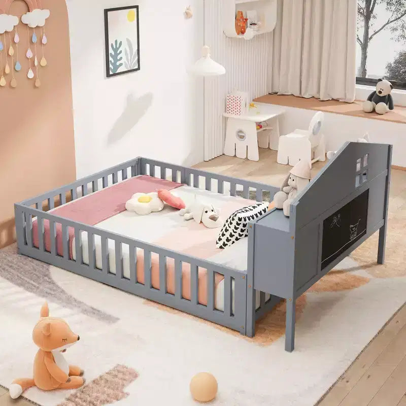 Bellemave Full Montessori Floor Bed with Bookcase & Chalkboard, Solid Wood Platform Bed with Guardrails and Storage Headboard for Kids & Teens