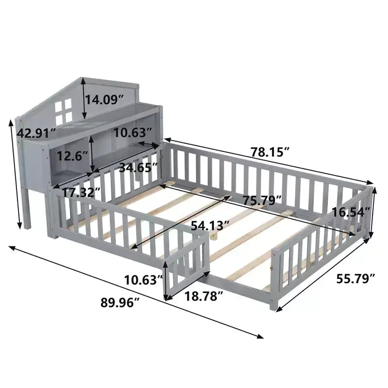 Bellemave Full Montessori Floor Bed with Bookcase & Chalkboard, Solid Wood Platform Bed with Guardrails and Storage Headboard for Kids & Teens