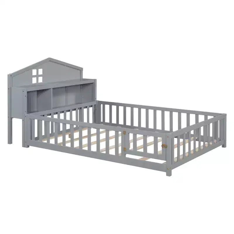 Bellemave Full Montessori Floor Bed with Bookcase & Chalkboard, Solid Wood Platform Bed with Guardrails and Storage Headboard for Kids & Teens