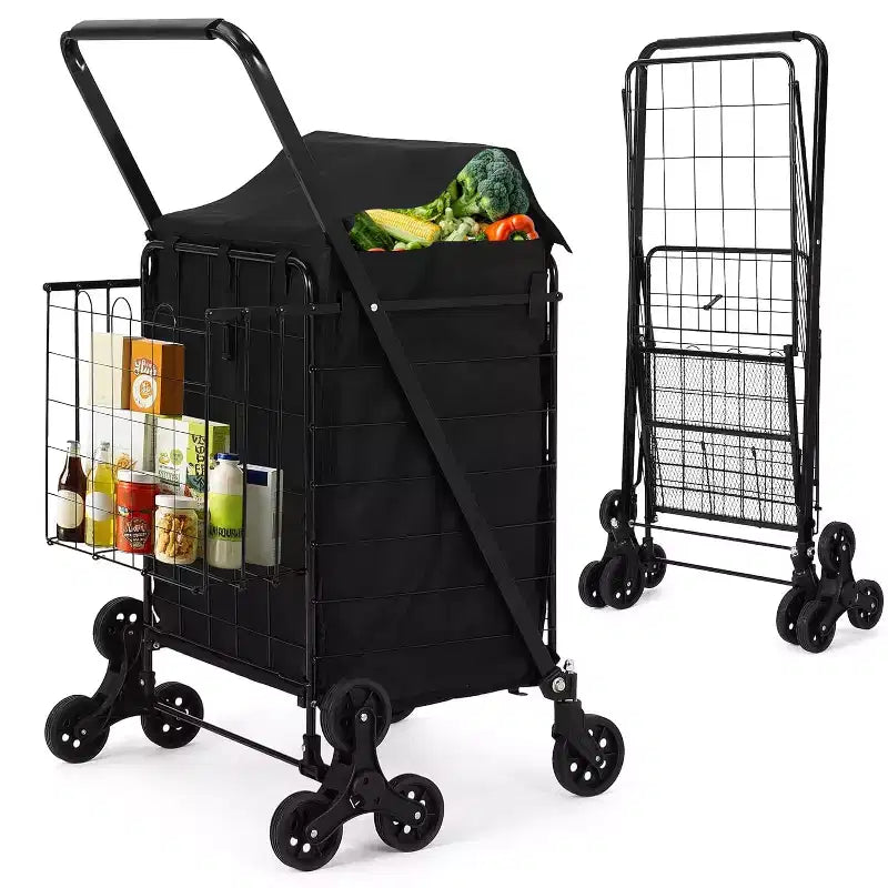 Stair Climbing Shopping Cart with Waterproof Liner, Folding Utility Cart with Rear Tri-Wheels, 360 Degree Swivel Wheels, Portable Collapsible Grocery