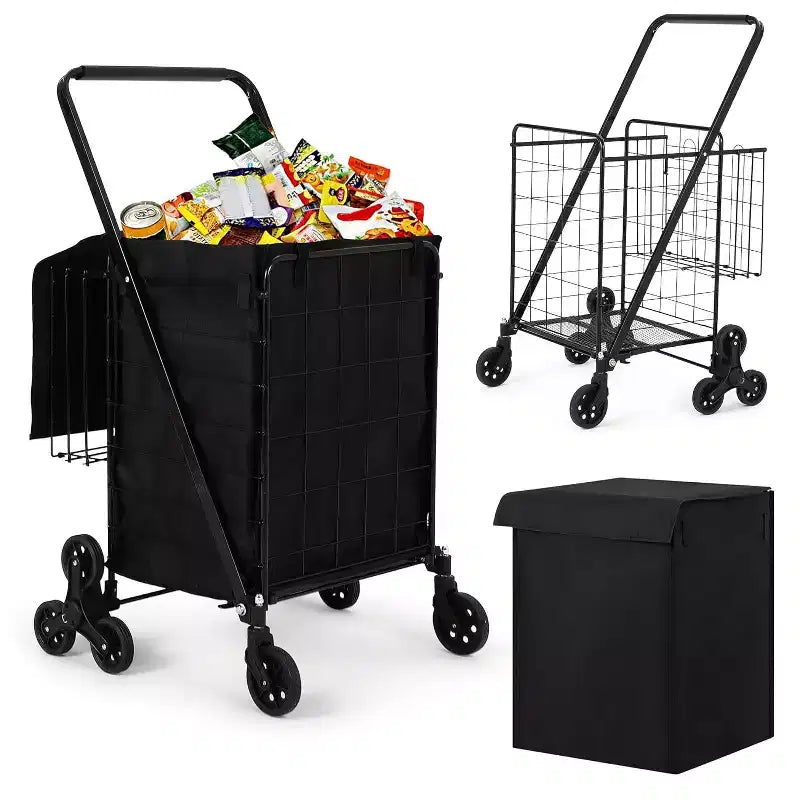 Stair Climbing Shopping Cart with Waterproof Liner, Folding Utility Cart with Rear Tri-Wheels, 360 Degree Swivel Wheels, Portable Collapsible Grocery