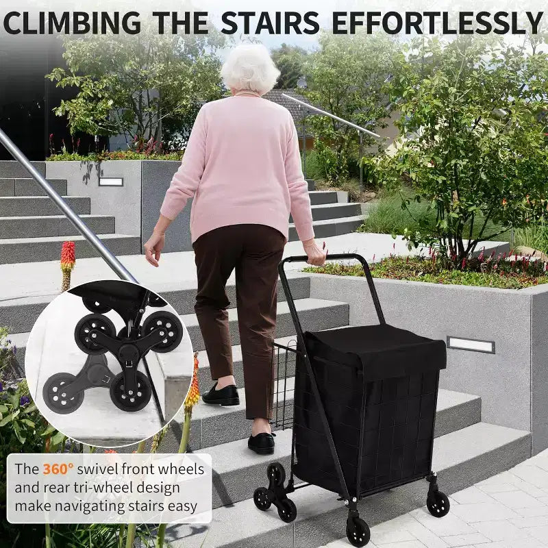 Stair Climbing Shopping Cart with Waterproof Liner, Folding Utility Cart with Rear Tri-Wheels, 360 Degree Swivel Wheels, Portable Collapsible Grocery
