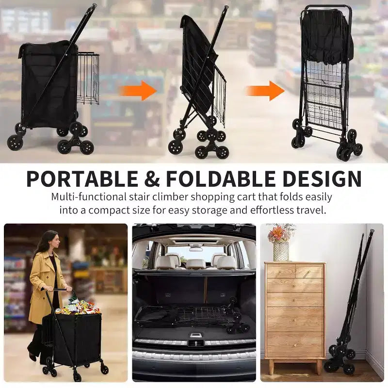 Stair Climbing Shopping Cart with Waterproof Liner, Folding Utility Cart with Rear Tri-Wheels, 360 Degree Swivel Wheels, Portable Collapsible Grocery
