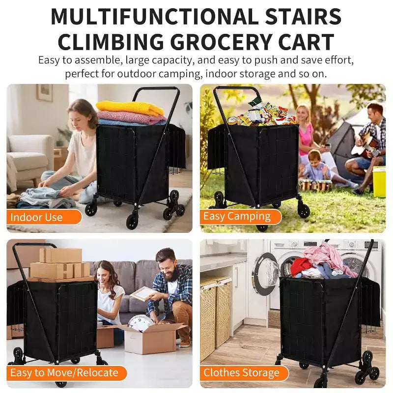 Stair Climbing Shopping Cart with Waterproof Liner, Folding Utility Cart with Rear Tri-Wheels, 360 Degree Swivel Wheels, Portable Collapsible Grocery