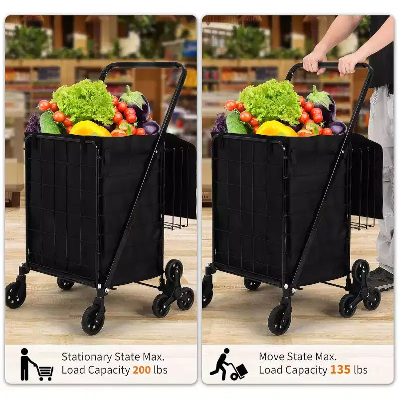 Stair Climbing Shopping Cart with Waterproof Liner, Folding Utility Cart with Rear Tri-Wheels, 360 Degree Swivel Wheels, Portable Collapsible Grocery