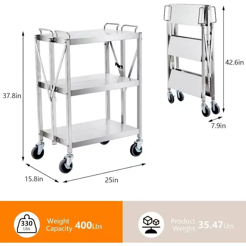 3 Tier Stainless Steel Utility Cart,Foldable Utility Service Cart with Wheels,Heavy Duty 300LBS Capacity Portable Rolling Carts for Kitchen Workshop