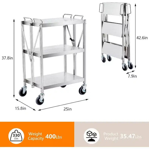 3-Tier Stainless Steel Utility Cart, Foldable Utility Service Cart with Wheels, Heavy Duty 300LBS Capacity Portable Rolling Cart for Kitchen & Workshop