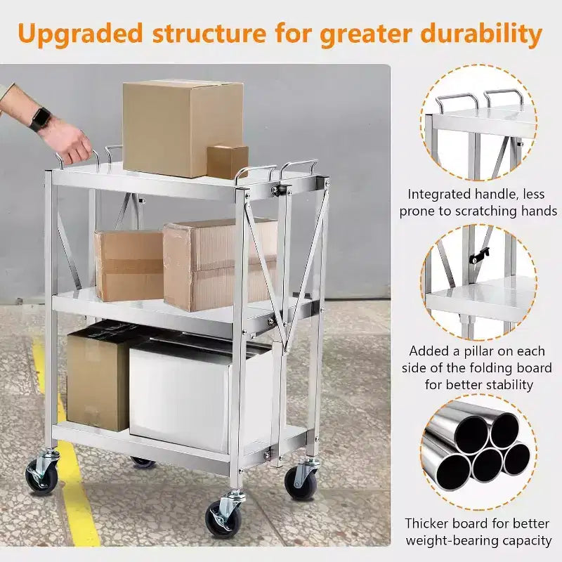 3 Tier Stainless Steel Utility Cart,Foldable Utility Service Cart with Wheels,Heavy Duty 300LBS Capacity Portable Rolling Carts for Kitchen Workshop