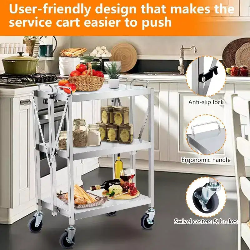 3 Tier Stainless Steel Utility Cart,Foldable Utility Service Cart with Wheels,Heavy Duty 300LBS Capacity Portable Rolling Carts for Kitchen Workshop