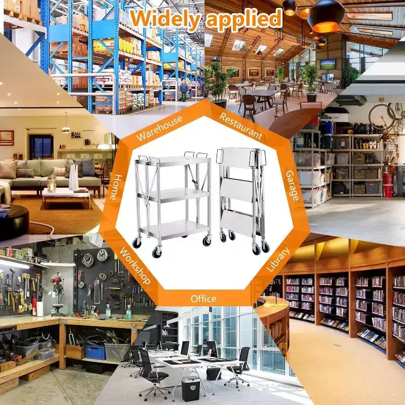 3 Tier Stainless Steel Utility Cart,Foldable Utility Service Cart with Wheels,Heavy Duty 300LBS Capacity Portable Rolling Carts for Kitchen Workshop