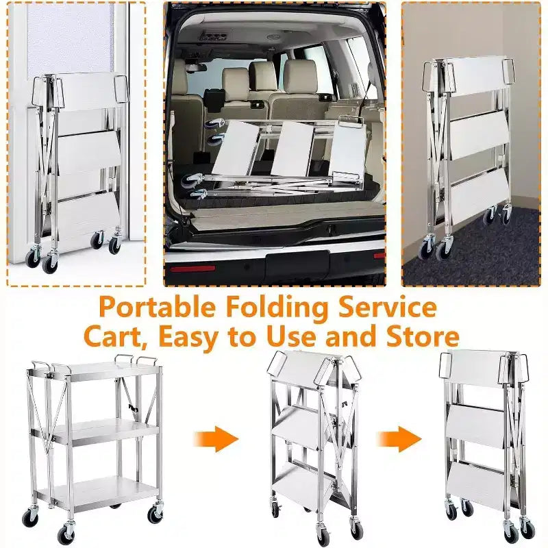3 Tier Stainless Steel Utility Cart,Foldable Utility Service Cart with Wheels,Heavy Duty 300LBS Capacity Portable Rolling Carts for Kitchen Workshop