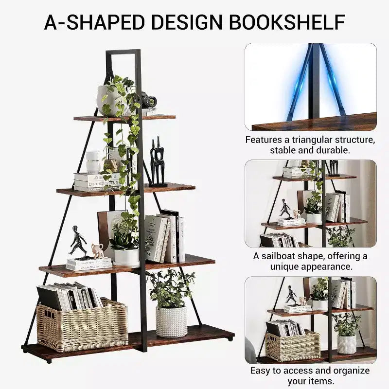 4 Shelf Bookshelf, Sailboat A-Shape Structure, Ladder Display Shelf, Classical Modern Bookshelf Book, For CDs/Books/Films