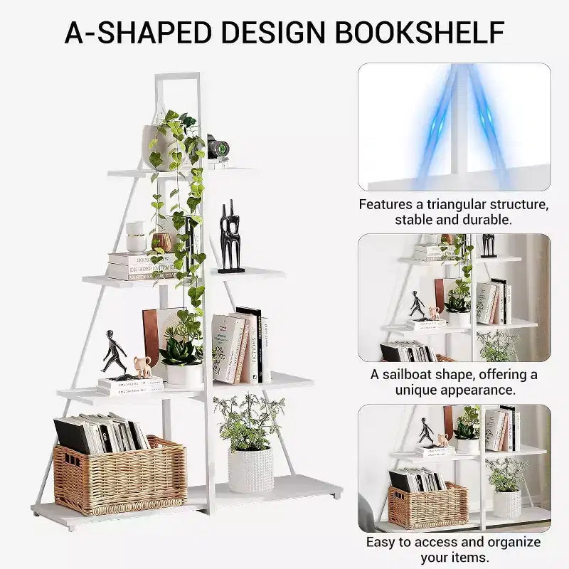 4 Shelf Bookshelf, Sailboat A-Shape Structure, Ladder Display Shelf, Classical Modern Bookshelf Book, For CDs/Books/Films