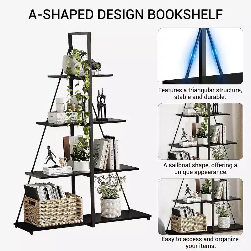 4 Shelf Bookshelf, Sailboat A-Shape Structure, Ladder Display Shelf, Classical Modern Bookshelf Book, For CDs/Books/Films