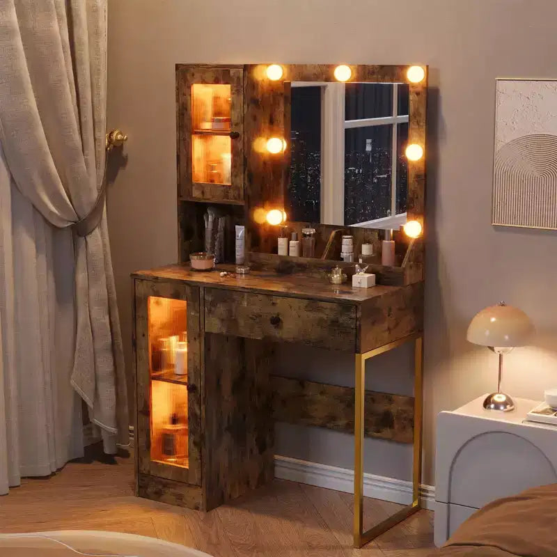 Makeup Vanity Desk with Mirror and Lights, Vanity Table with Charging Station, Wood Dressing Table for Bedroom for Girls