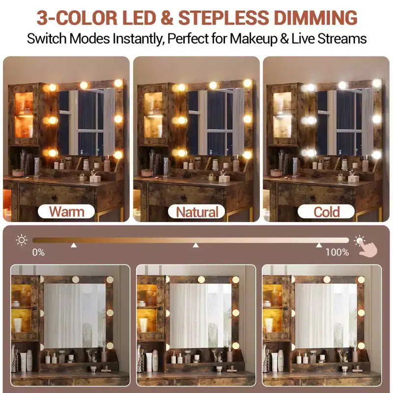 Makeup Vanity Desk with Mirror and Lights, Vanity Table with Charging Station, Wood Dressing Table for Bedroom for Girls