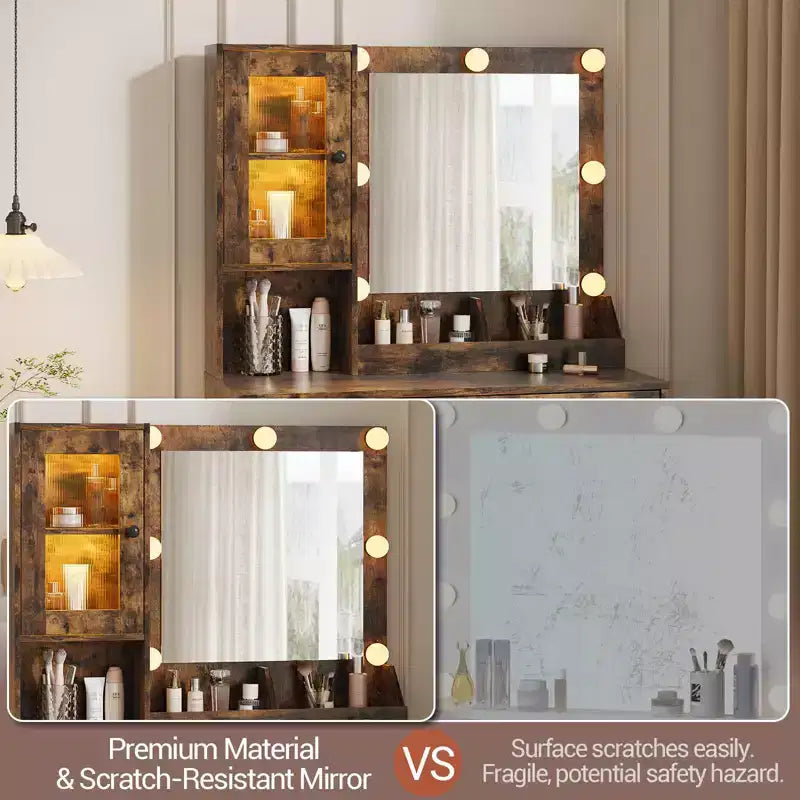 Makeup Vanity Desk with Mirror and Lights, Vanity Table with Charging Station, Wood Dressing Table for Bedroom for Girls