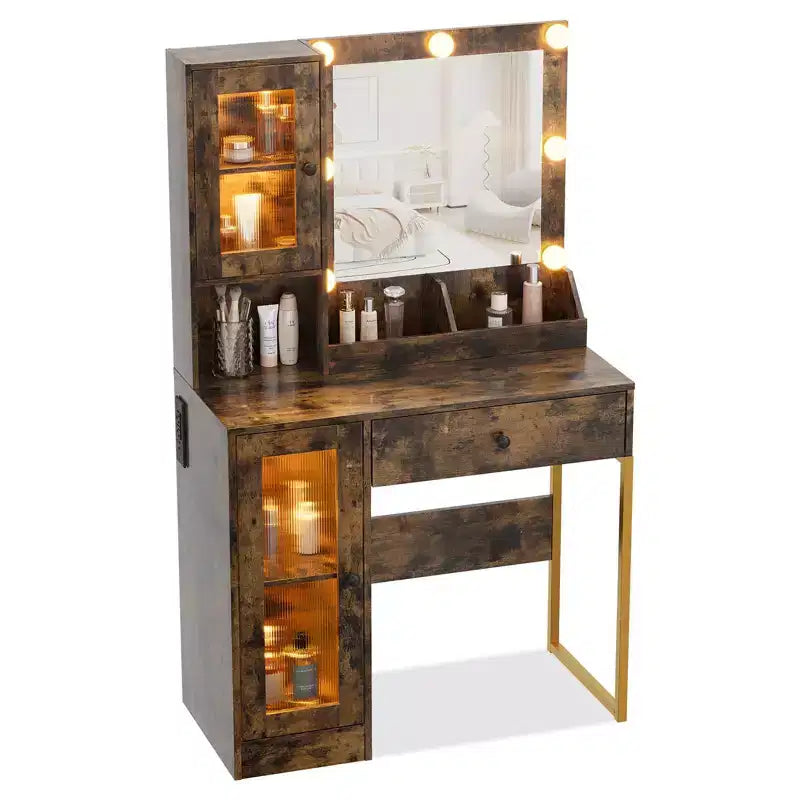 Makeup Vanity Desk with Mirror and Lights, Vanity Table with Charging Station, Wood Dressing Table for Bedroom for Girls